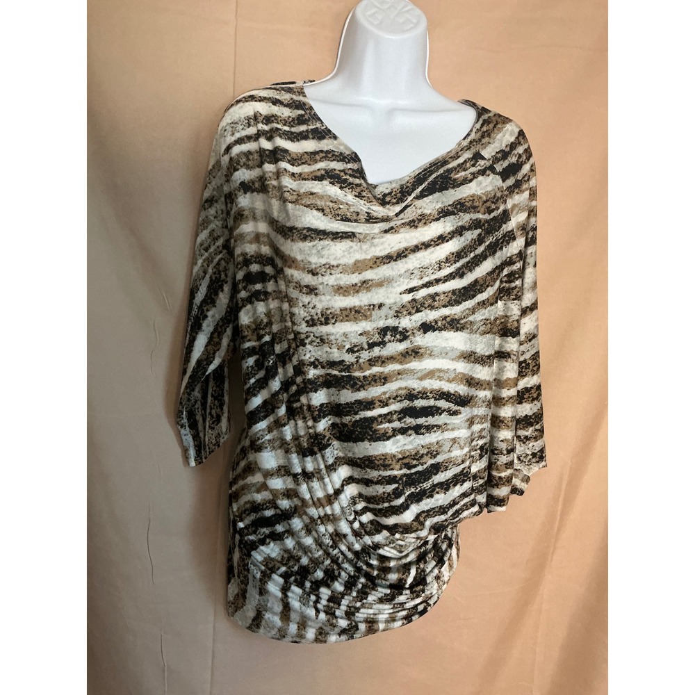 Kanvas Zebra Print Tunic Women OS Brown Excellent Asymmetrical Slanted Hem Top